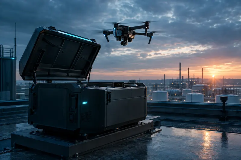 Estación de dron autónomo en azotea industrial