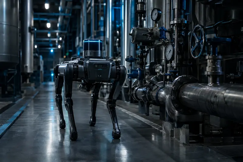 Robot cuadrúpedo con sensor láser haciendo rondines en planta