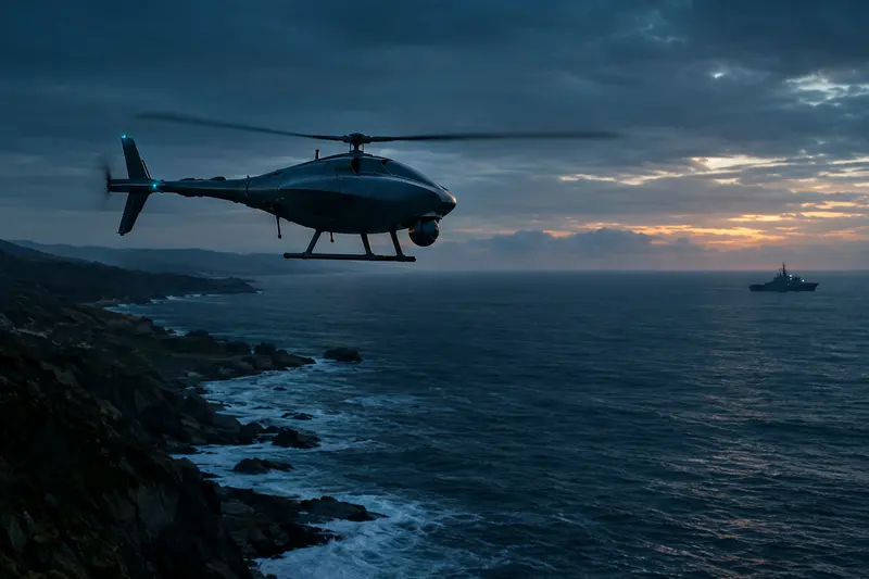 Helicóptero no tripulado patrullando la costa